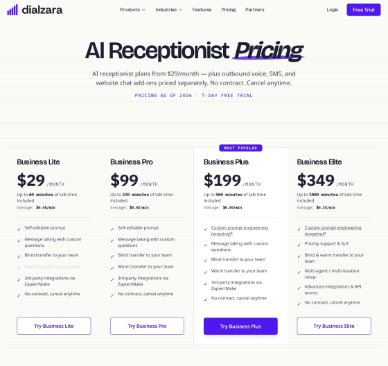 Dialzara pricing page screenshot