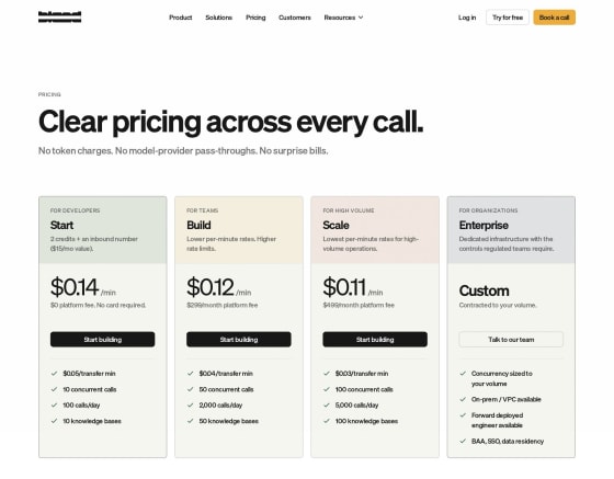 Bland AI pricing page screenshot