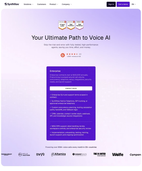 Synthflow pricing page screenshot
