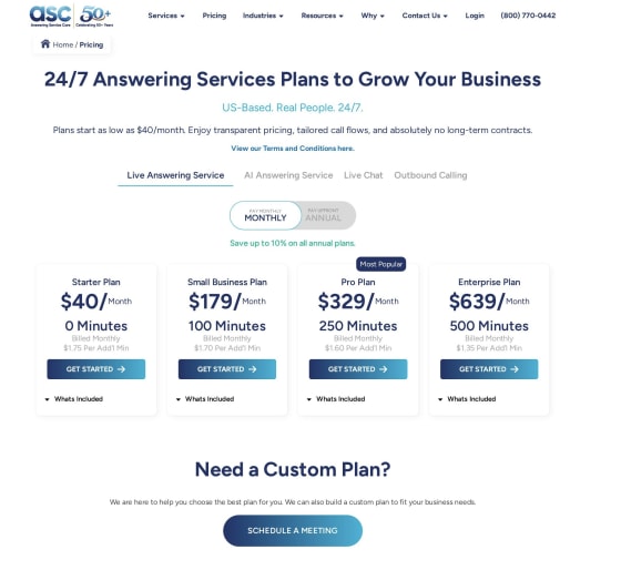 Answering Service Care pricing page screenshot (per-minute human answering status quo)