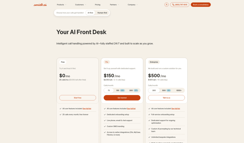 Vendor pricing for Smith.ai, updated every Friday at 9:00 AM ET and manually verified against smith.ai
