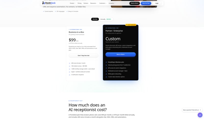My AI Front Desk pricing page as captured October 16, 2026, re-checked weekly on the Futuro vendor pricing index