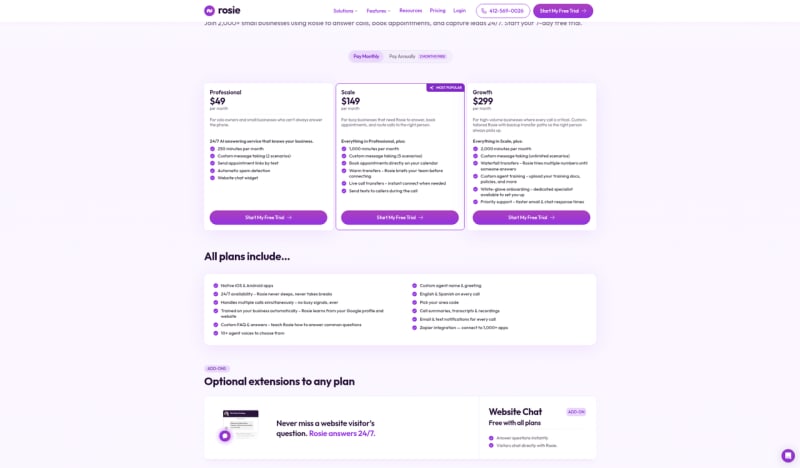 Rosie pricing page as captured October 16, 2026, re-checked weekly on the Futuro vendor pricing index