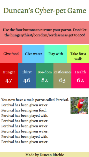 Screenshot of my JavaScript cyber-pet