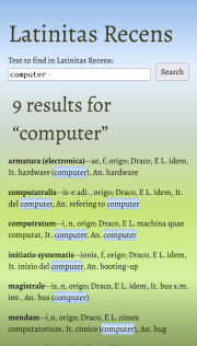 Screenshot of my mirror of Latinitas Recens, showing a search for “computer”