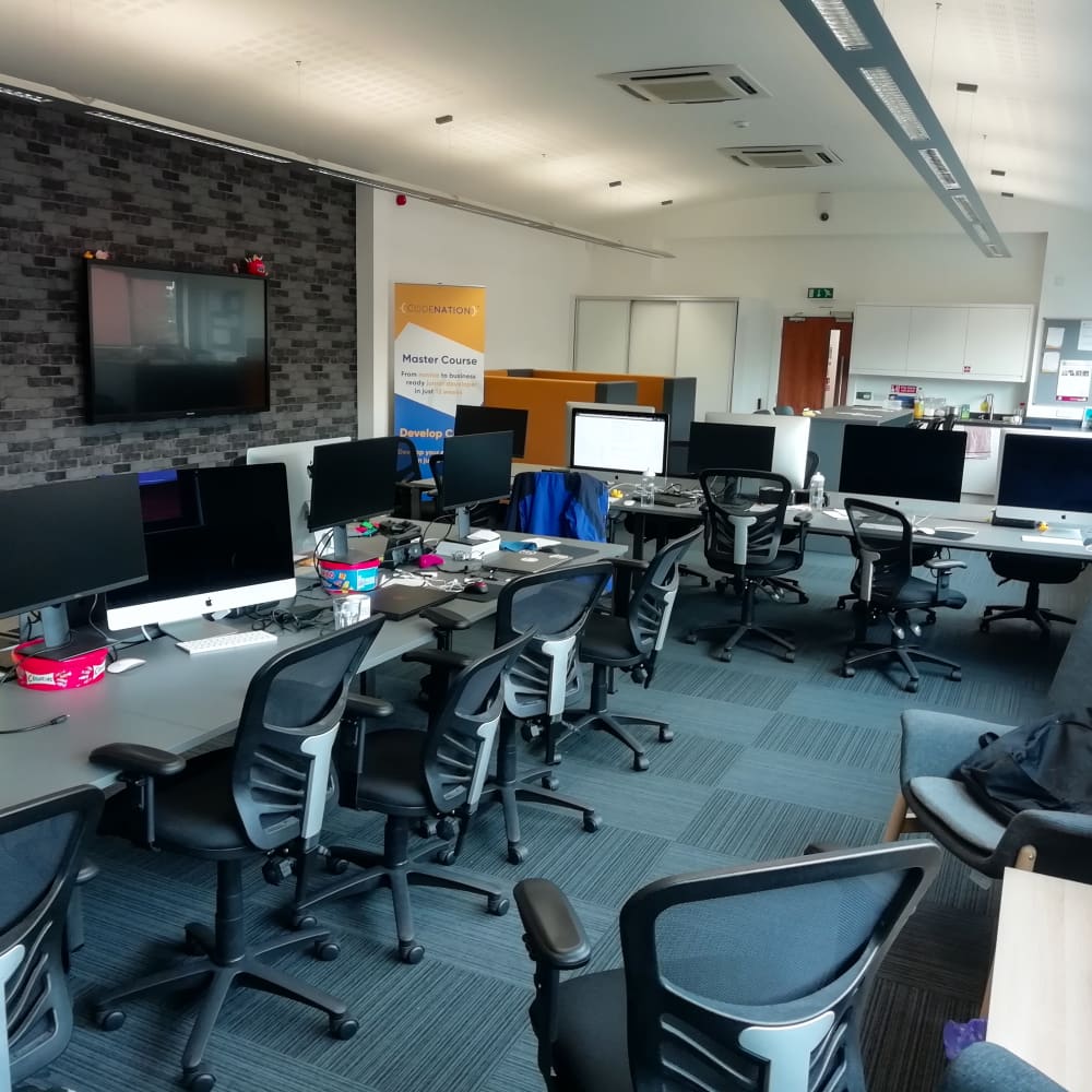 A room with desks and computers