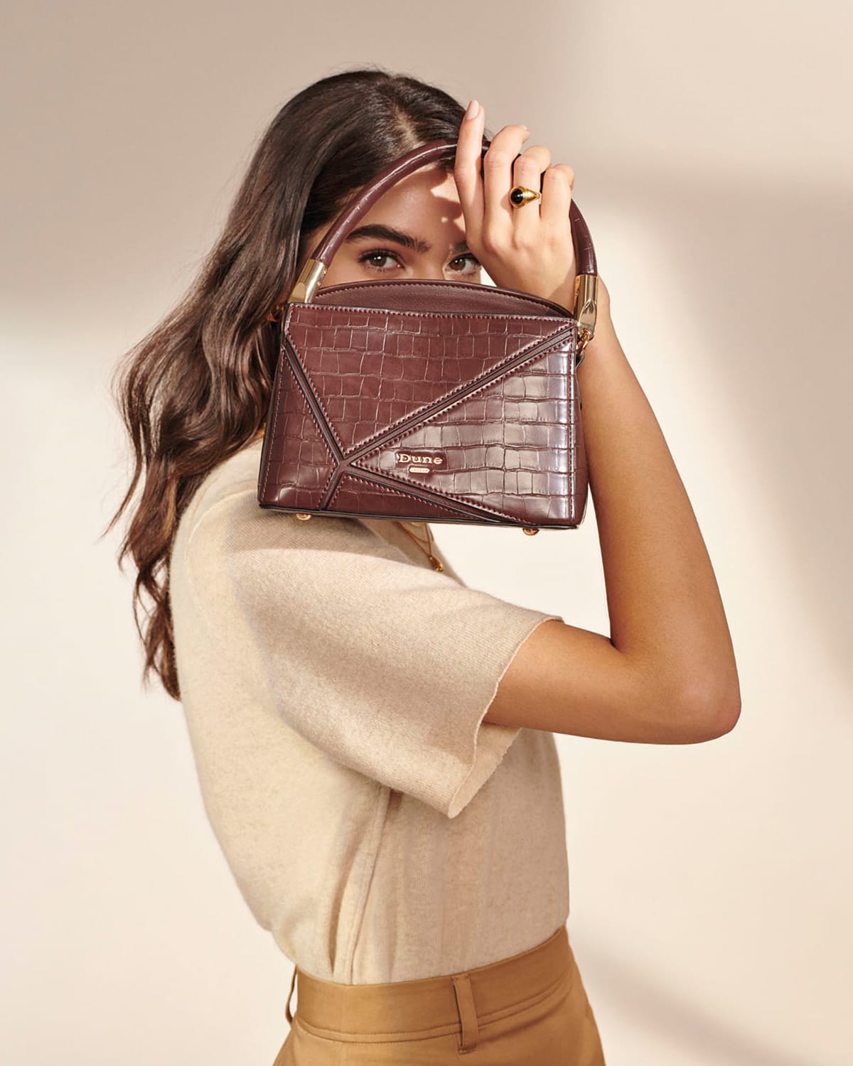 Close up of Dorset bag in chocolate brown mock croc