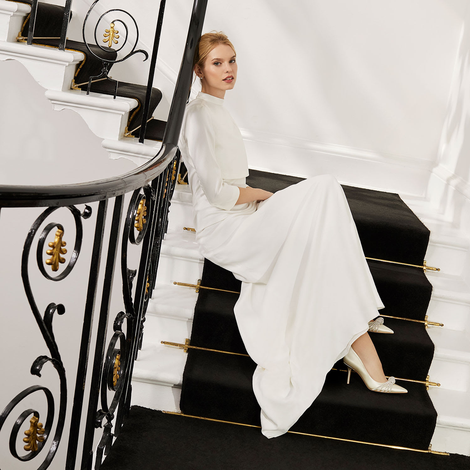 Bride wearing the Dune London Beauties diamante knot bridal heels