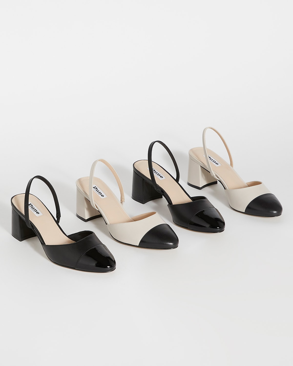 Dune London SS24 Tonal dressing trend Careful toe cap slingback block heels