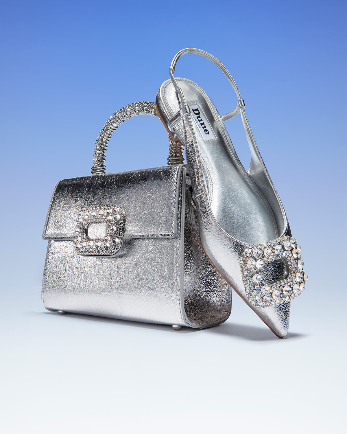 Dune silver shoes and bag best sale