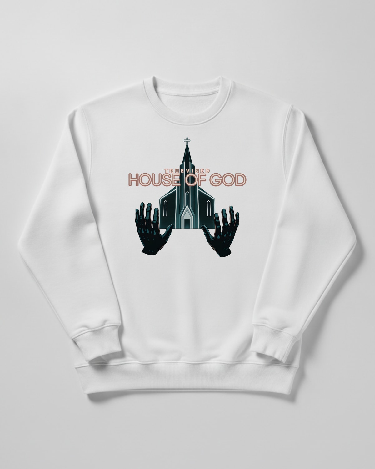 House of God printed on the Crewneck sweatshirt in Arctic white