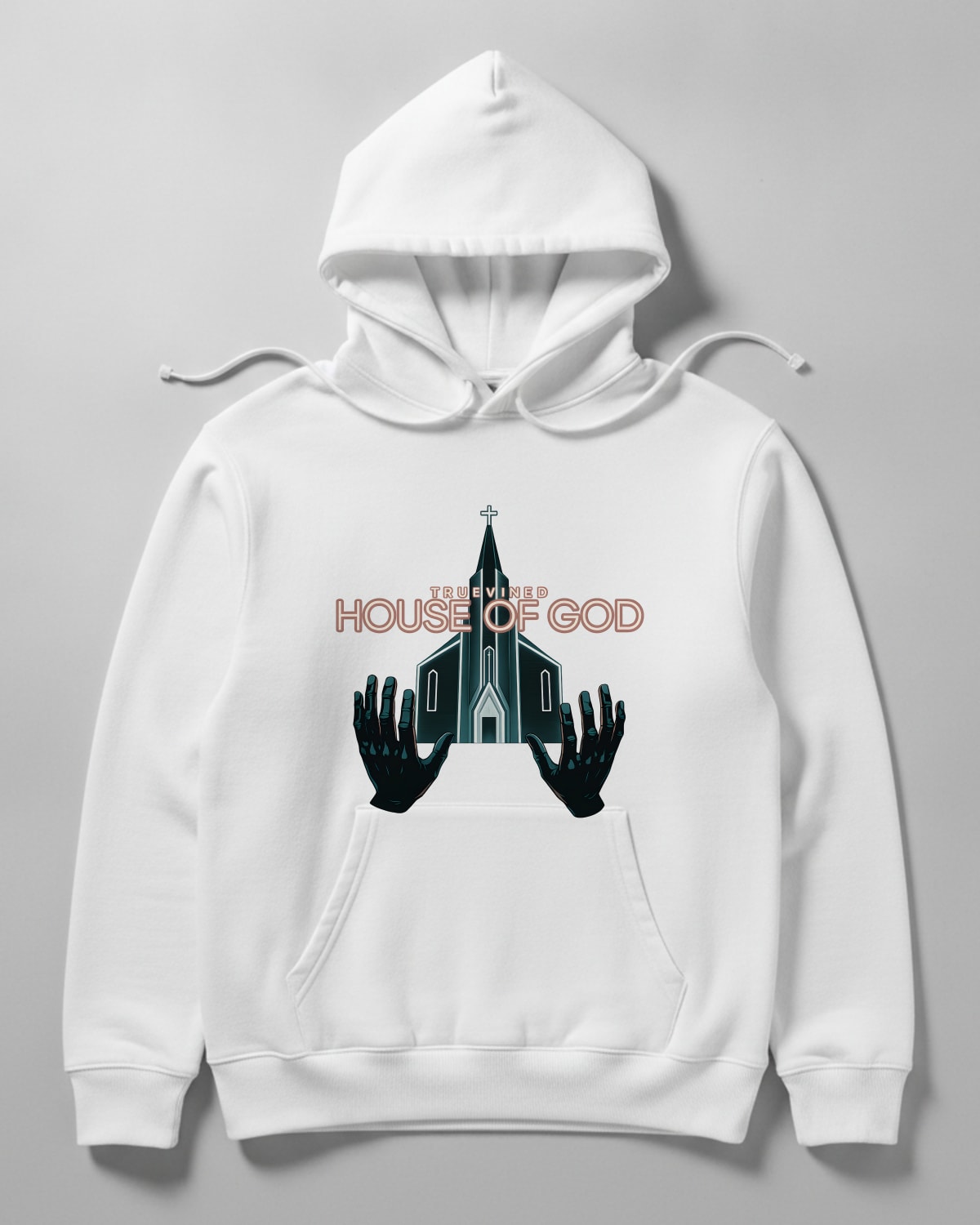 House of God printed on the College hoodie in Arctic white
