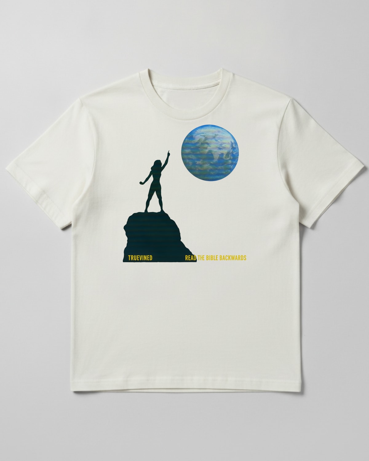 Read the Bible backwards printed on the Classic tee in White