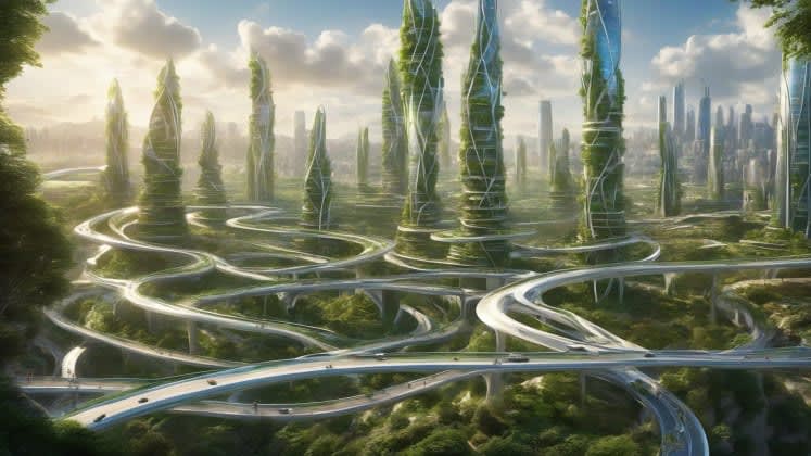 Future infrastructure design: A network of elevated roads, resilient bridges, and integrated green spaces, showcasing innovative infrastructure designed to adapt to scenario change.