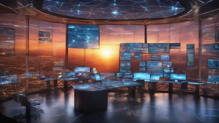 Smart energy management: A futuristic smart grid control center, showing real-time monitoring and optimization of energy distribution from various renewable sources.