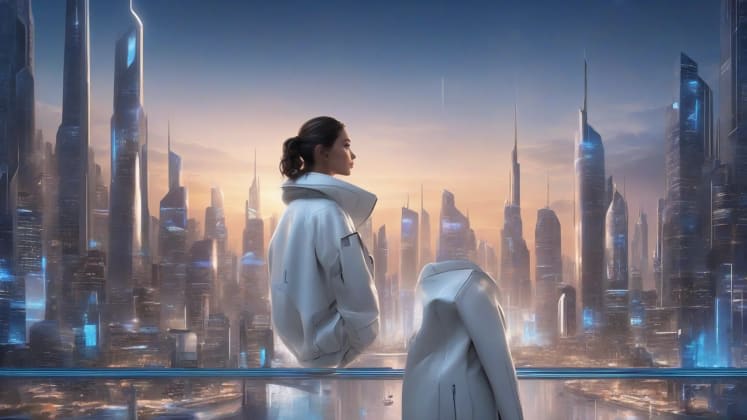 Personal adaptation technology: Individuals using wearable ecosystem control devices, smart clothing, and personalized environmental settings, showcasing personal adaptation technologies for future living.