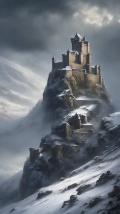Medieval castle weather: A medieval castle perched on a hill, with varying weather conditions like snow in winter, rain during storms, and sunshine in summer, illustrating the castle's adaptability.
