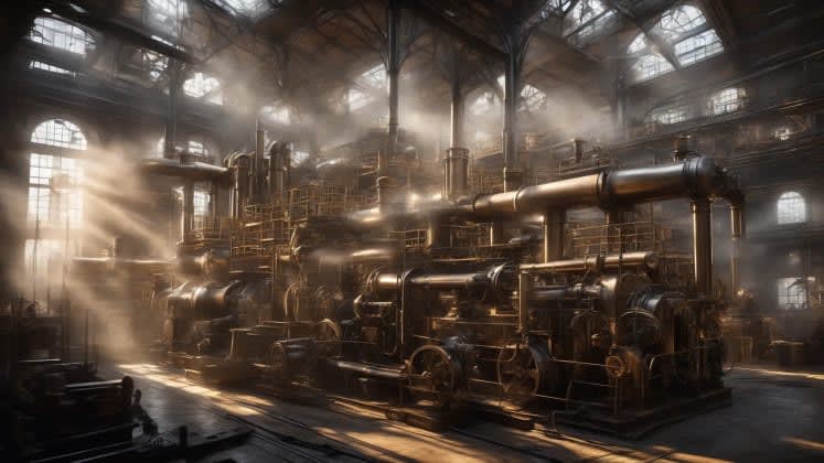 Factory weather adaptation: Workers in a factory during the Industrial Revolution, showing them adapting to the weather conditions with protective gear and strategies.