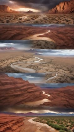 Desert flash flood formation diagram. An illustrated diagram showing the process of flash flood formation in a desert environment, including intense rainfall, runoff patterns, soil saturation, and the role of topography.