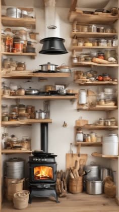 Alternative cooking method guide: A guide showcasing various alternative cooking methods, including a camp stove, grill setup, solar oven, and canned heat. The guide emphasizes the importance of having multiple cooking options.