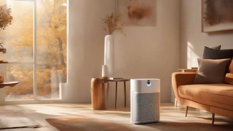 Image placeholder: A person using an air purifier in their home during the fall, showcasing air quality control measures.