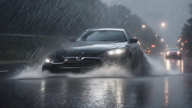 Car hydroplaning on a wet road, illustrating loss of control