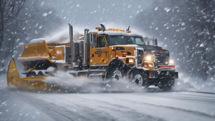 Infrastructure management strategies: A series of images showing different strategies for managing the impact of lake effect snow on infrastructure, including snow plowing, salting, and power line maintenance. The image emphasizes the importance of proactive measures to minimize disruption.