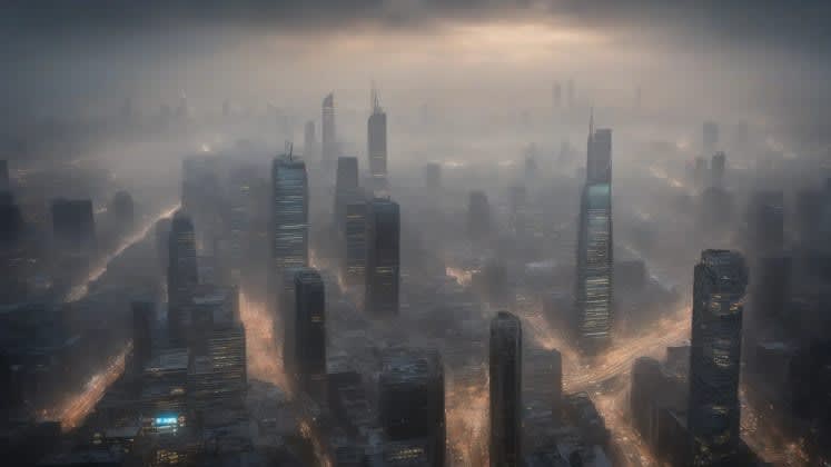 Weather impact on smog formation: An illustration depicting how weather conditions like temperature inversions, light winds, and high pressure contribute to smog formation and persistence.