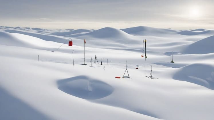 Snow depth measurement methods. This image should illustrate the different techniques used to measure snow depth, including core sampling, stake reading, ruler method, and visual estimation.