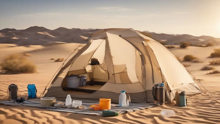 Desert camping setup with a tent, water containers, and sun protection gear