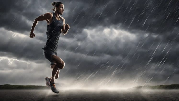 Exercise music selection: A dynamic image showing a runner silhouetted against a stormy sky, with lightning bolts and rain representing high-energy weather, paired with music notes signifying the playlist.