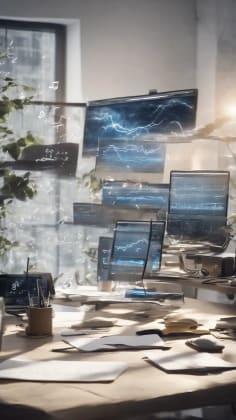 Task music selection: A visual representation of different tasks being performed (writing, coding, analyzing), each accompanied by a weather icon and music notes tailored to enhance focus and productivity.