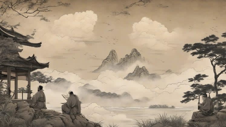 Traditional prediction methods - An image depicting ancient Asian scholars observing the sky and consulting weather charts, representing the historical significance of weather prediction.