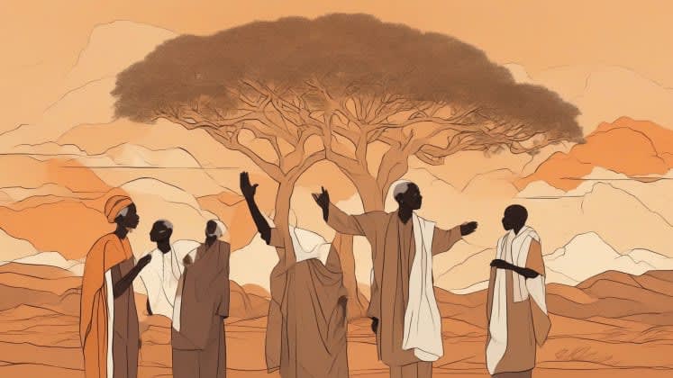 African weather methods - An African elder explaining weather prediction methods to younger people, representing the transmission of traditional knowledge.