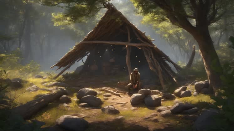 Survival adaptation mechanics: A character in a survival game crafting shelter and gathering resources during a break in the weather, illustrating the importance of adaptation and preparedness.