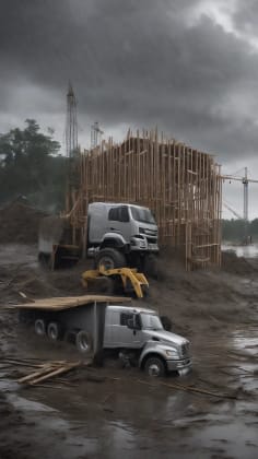 Rainfall effects on construction timeline: A visual depiction of how rain and snow can disrupt a construction schedule, showing flooded sites, delayed deliveries, and workers taking shelter.