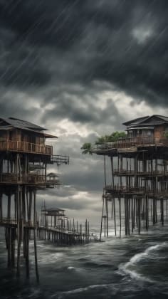 Infrastructure adaptation methods: An image showcasing examples of infrastructure designed to withstand monsoon conditions, such as elevated buildings, reinforced bridges, and efficient drainage systems.