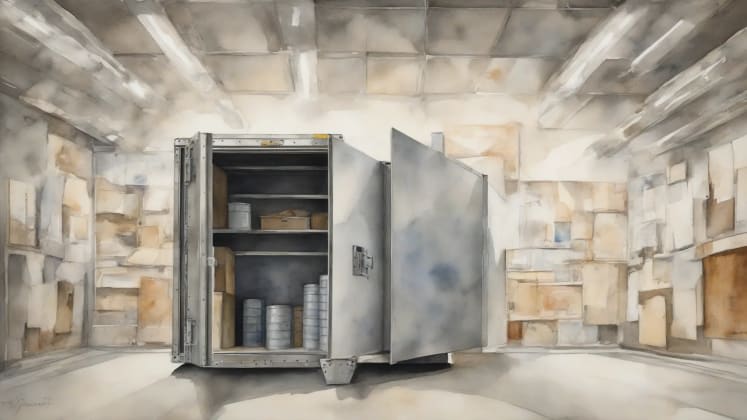 Art storage environmental control methods: Different art storage solutions with environmental controls, including realm-controlled vaults, archival boxes, and specialized racks for paintings and textiles.