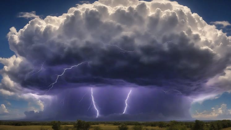 Dry thunderstorm formation diagram: An illustration showing the formation of a dry thunderstorm, highlighting the evaporation of precipitation before it reaches the ground, while lightning continues to strike. Arrows indicate rising warm air and descending dry air.