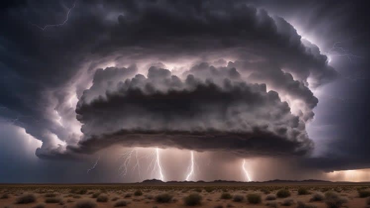 Lightning strike patterns in dry thunderstorms: An illustration depicting various lightning strike patterns, including cloud-to-ground, positive strikes, multiple strikes, and cloud-to-cloud strikes. The image highlights the increased risk of ignition from cloud-to-ground and positive strikes.