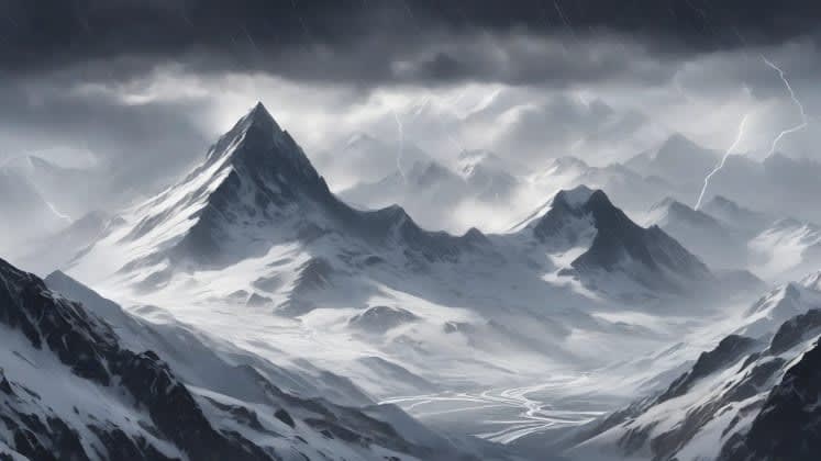 Mountain weather hazard identification guide. This guide shows various mountain weather hazards, including lightning, snow squalls, strong winds, and rapid changes in weather conditions. Each hazard is accompanied by warning signs and safety tips.