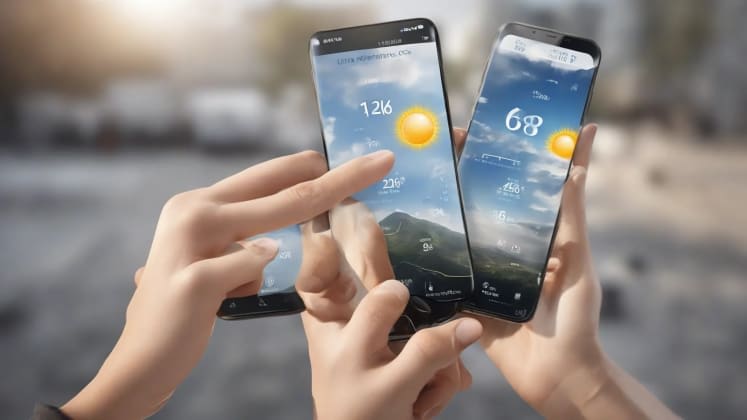 A person holding two smartphones showing different weather forecasts for the same location