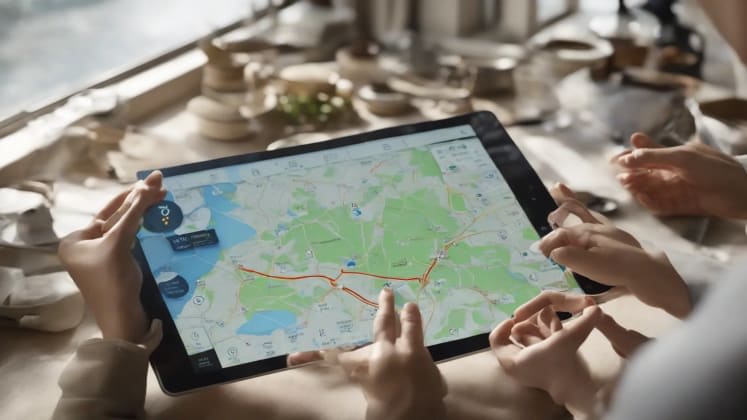 Advanced Troubleshooting Illustration: A person using a tablet to reset app data, recalibrate GPS, and reinstall the weather app.