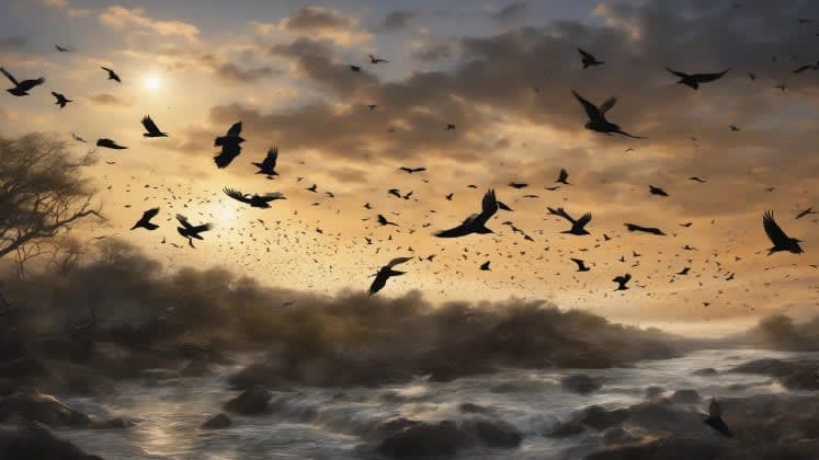 Earthquake behavior analysis: A series of images showing different animals exhibiting unusual behavior before an earthquake, including dogs barking, birds flying erratically, and fish jumping out of the water.