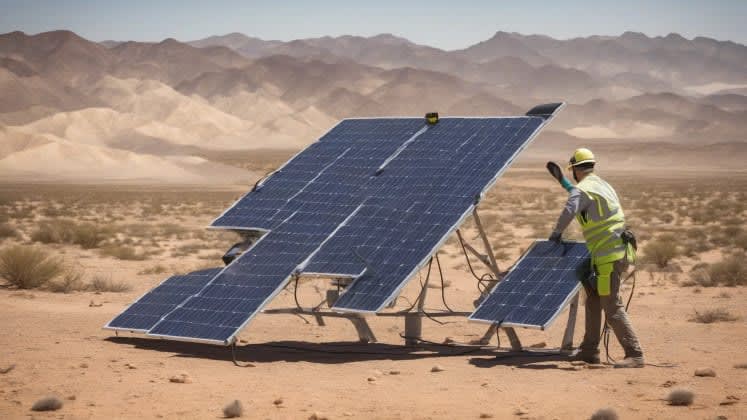 System adjustment techniques: A technician adjusting the angle of a solar panel on a tracking system, along with other maintenance tasks such as cleaning and inspecting wiring. The image should deliver the importance of regular maintenance for optimal performance.