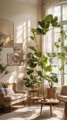 Placeholder image of a living room with smart lighting simulating a sunny day. Description: A cozy living room filled with warm, bright light from smart bulbs, creating a cheerful atmosphere. The room features comfortable furniture and plants, enhancing the sense of well-being. 