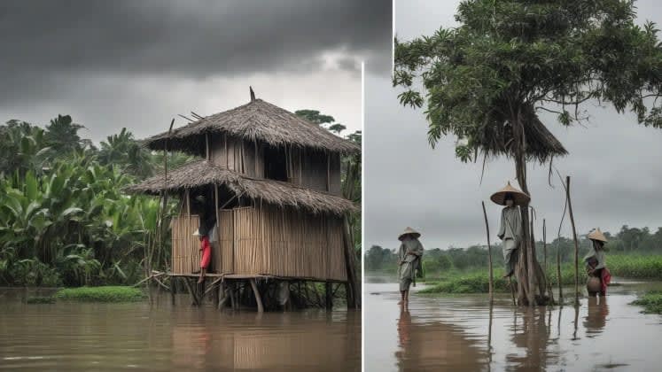 Asian adaptation patterns: A series of images showcasing traditional Asian housing designs, clothing, and daily routines adapted to monsoon weather. This includes examples of elevated homes, waterproof clothing, and indoor activities during heavy rains.