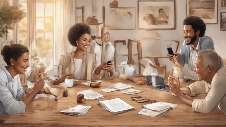 Support network building: People connecting with each other through various means such as phone calls, video chats, and in-person meetings. The image is interconnected and supportive, showcasing the importance of building a strong support network.