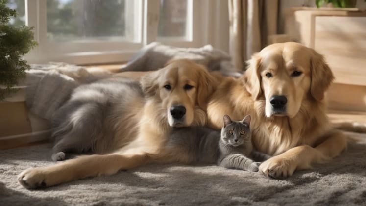 Storm calming techniques: A split image showing a dog wearing a ThunderShirt on one side and a cat relaxing in a covered bed on the other. This illustrates two common methods for calming pets during storms: providing physical comfort and creating a safe space.