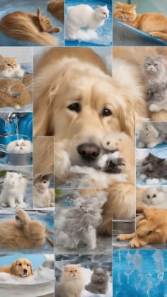 Pet cooling methods: A collage showing various methods for cooling pets in hot weather, such as a dog lying on a cooling mat, a cat drinking from a water fountain, and a rabbit enjoying a frozen treat.